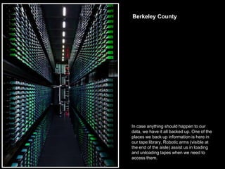 Berkeley County




In case anything should happen to our
data, we have it all backed up. One of the
places we back up information is here in
our tape library. Robotic arms (visible at
the end of the aisle) assist us in loading
and unloading tapes when we need to
access them.
 