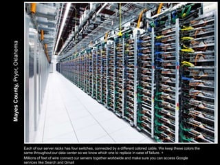 Mayes County, Pryor, Oklahoma




                                Each of our server racks has four switches, connected by a different colored cable. We keep these colors the
                                same throughout our data center so we know which one to replace in case of failure. +
                                Millions of feet of wire connect our servers together worldwide and make sure you can access Google
                                services like Search and Gmail
 