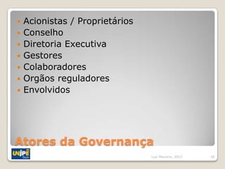    Acionistas / Proprietários
   Conselho
   Diretoria Executiva
   Gestores
   Colaboradores
   Orgãos reguladores
   Envolvidos




Atores da Governança
                                 Luiz Mauricio, 2012   20
 