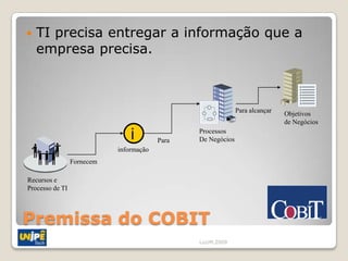    TI precisa entregar a informação que a
    empresa precisa.



                                                              Para alcançar   Objetivos
                                                                              de Negócios

                                i        Para
                                                Processos
                                                De Negócios
                            informação
                 Fornecem

Recursos e
Processo de TI




Premissa do COBIT
                                                LuizM,2009
 