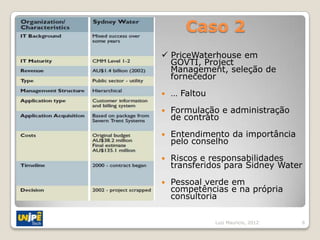Caso 2
 PriceWaterhouse em
  GOVTI, Project
  Management, seleção de
  fornecedor
   … Faltou

   Formulação e administração
    de contrato

   Entendimento da importância
    pelo conselho

   Riscos e responsabilidades
    transferidos para Sidney Water

   Pessoal verde em
    competências e na própria
    consultoria

               Luiz Mauricio, 2012   6
 