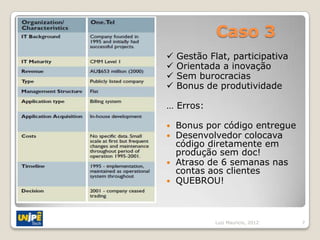 Caso 3
   Gestão Flat, participativa
   Orientada a inovação
   Sem burocracias
   Bonus de produtividade

… Erros:

   Bonus por código entregue
   Desenvolvedor colocava
    código diretamente em
    produção sem doc!
   Atraso de 6 semanas nas
    contas aos clientes
   QUEBROU!



             Luiz Mauricio, 2012   7
 