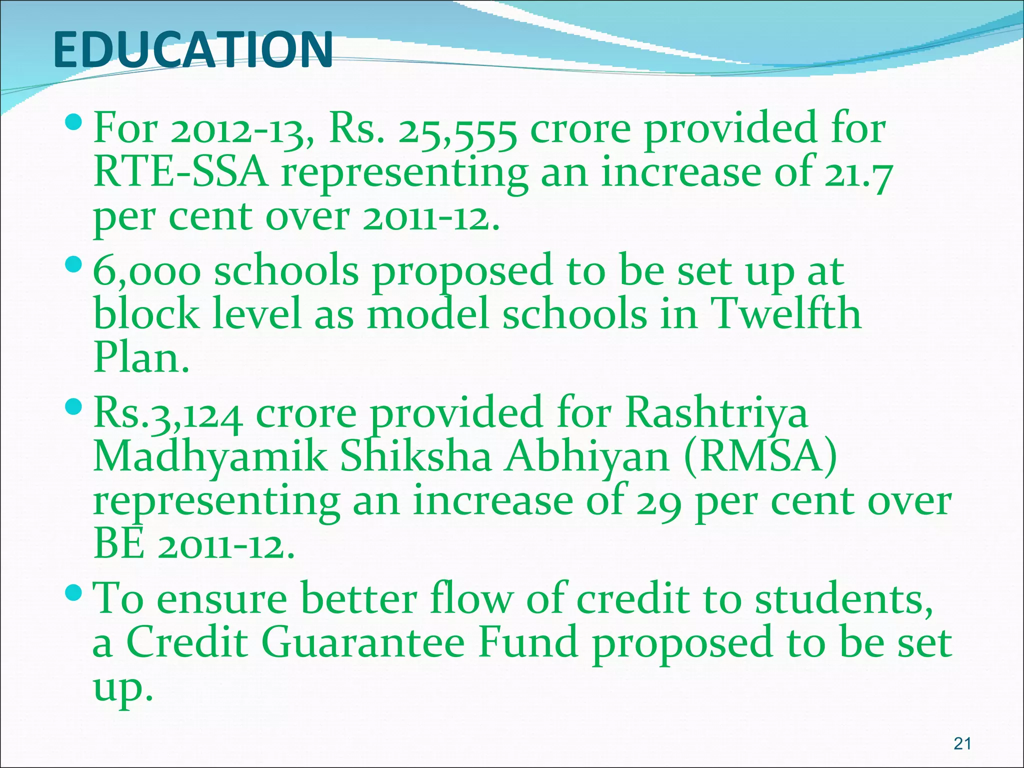 EDUCATION
 For 2012-13, Rs. 25,555 crore provided for
  RTE-SSA representing an increase of 21.7
  per cent over 2011-12.
 6,000 schools proposed to be set up at
  block level as model schools in Twelfth
  Plan.
 Rs.3,124 crore provided for Rashtriya
  Madhyamik Shiksha Abhiyan (RMSA)
  representing an increase of 29 per cent over
  BE 2011-12.
 To ensure better flow of credit to students,
  a Credit Guarantee Fund proposed to be set
  up.
                                                 21
 