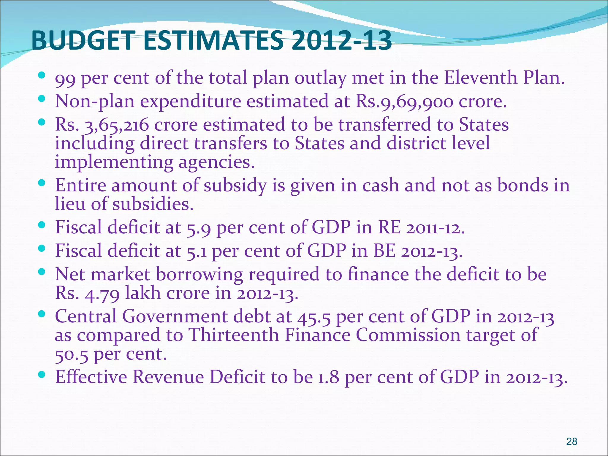 BUDGET ESTIMATES 2012-13
 99 per cent of the total plan outlay met in the Eleventh Plan.
 Non-plan expenditure estimated at Rs.9,69,900 crore.
 Rs. 3,65,216 crore estimated to be transferred to States
    including direct transfers to States and district level
    implementing agencies.
   Entire amount of subsidy is given in cash and not as bonds in
    lieu of subsidies.
   Fiscal deficit at 5.9 per cent of GDP in RE 2011-12.
   Fiscal deficit at 5.1 per cent of GDP in BE 2012-13.
   Net market borrowing required to finance the deficit to be
    Rs. 4.79 lakh crore in 2012-13.
   Central Government debt at 45.5 per cent of GDP in 2012-13
    as compared to Thirteenth Finance Commission target of
    50.5 per cent.
   Effective Revenue Deficit to be 1.8 per cent of GDP in 2012-13.


                                                                   28
 