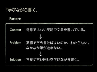 「学びながら書く」

 Pattern

 Context    得意ではない英語で文章を書いている。


 Problem    英語でどう書けばよいのか、わからない。
            なかなか筆が進まない。


 Solution   言葉や言い回しを学びながら書く。
 
