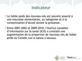 Indicateur
• Le faible poids des nouveau-nés est souvent associé à
 une mauvaise alimentation, au tabagisme et à la
 consommation d’alcool durant la grossesse.
• Entre 2001-2002 et 2009-2010, l’Institut canadien
 d’information sur la santé (ICIS) a constaté une
 augmentation de la proportion de nouveau-nés de faible
 poids au Canada (voir le tableau ci-dessous).
 