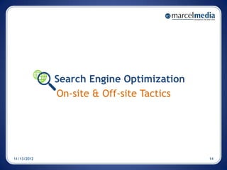 Search Engine Optimization
             On-site & Off-site Tactics




11/13/2012                                14
 