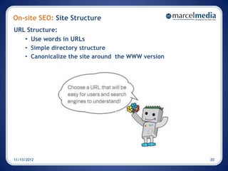 On-site SEO: Site Structure
URL Structure:
   • Use words in URLs
     • Simple directory structure
     • Canonicalize the site around the WWW version




11/13/2012                                            20
 