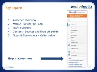 Key Reports



  1.    Audience Overview
  2.    Mobile – Device, OS, App
  3.    Traffic Sources
  4.    Content – Sources and Drop off points
  5.    Goals & Conversions – Visitor value




  Help is always near


11/13/2012                                      35
 