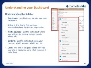 Understanding your Dashboard

Understanding the Sidebar
• Dashboard: Use this to get back to your main
  Dashboard

• Visitors: Use this to find out more
  information about the visitors to your site

• Traffic Sources: Use this to find out where
  your visitors are coming from so you can
  adjust Ads

• Content: Use this to find out about your
  content, what’s working, what’s not, etc.

• Goals: Use this to set goals to see how well
  your site is measuring up to what you want it
  to be doing




11/13/2012                                        40
 