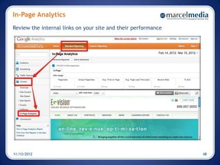 In-Page Analytics
Review the internal links on your site and their performance




11/13/2012                                                     48
 