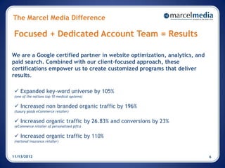The Marcel Media Difference

 Focused + Dedicated Account Team = Results

We are a Google certified partner in website optimization, analytics, and
paid search. Combined with our client-focused approach, these
certifications empower us to create customized programs that deliver
results.

  Expanded key-word universe by 105%
 (one of the nations top 10 medical systems)


  Increased non branded organic traffic by 196%
 (luxury goods eCommerce retailer)


  Increased organic traffic by 26.83% and conversions by 23%
 (eCommerce retailer of personalized gifts)


  Increased organic traffic by 110%
 (national insurance retailer)



11/13/2012                                                                  6
 
