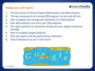 Today you will learn:
1.   The key factors of Search Engine Optimization and Web Analytics
2.   The key components of a strong SEO program: on-site and off-site
3.   How to update and manage key elements of an SEO program
4.   How Web Analytics can drive your SEO programs
5.   The right questions to ask before diving into your digital marketing
     strategy
6.   How to navigate Google Analytics
7.   GA’s top reports and key performance indicators
8.   Tools & Resources to use in the future




11/13/2012                                                                  7
 