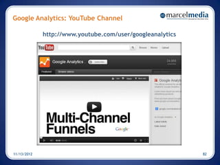 Google Analytics: YouTube Channel

             http://www.youtube.com/user/googleanalytics




11/13/2012                                                 82
 