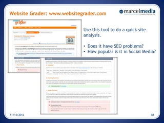Website Grader: www.websitegrader.com


                            Use this tool to do a quick site
                            analysis.

                            • Does it have SEO problems?
                            • How popular is it in Social Media?




11/13/2012                                                     88
 