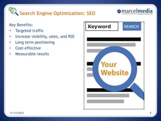 Search Engine Optimization: SEO

Key Benefits:
• Targeted traffic
• Increase visibility, sales, and ROI
• Long term positioning
• Cost-effective
• Measurable results




11/13/2012                               9
 