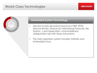 World-Class Technologies



                  Embedded System Technology

              •    Hikvision invests abundant resources in BSP, RTOS
                   (Device Drivers, Device I/O, Networking Protocols, File
                   System...) and Application, and established
                   collaboration lab with Texas Instruments.

              •    The main operation system includes VxWorks and
                   embedded Linux.
 