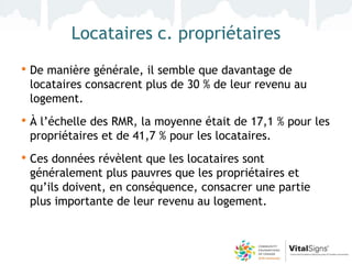 Locataires c. propriétaires
• De manière générale, il semble que davantage de
 locataires consacrent plus de 30 % de leur revenu au
 logement.
• À l’échelle des RMR, la moyenne était de 17,1 % pour les
 propriétaires et de 41,7 % pour les locataires.
• Ces données révèlent que les locataires sont
 généralement plus pauvres que les propriétaires et
 qu’ils doivent, en conséquence, consacrer une partie
 plus importante de leur revenu au logement.
 