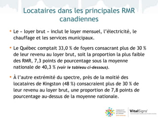 Locataires dans les principales RMR
                   canadiennes
•   Le « loyer brut » inclut le loyer mensuel, l’électricité, le
    chauffage et les services municipaux.

•   Le Québec comptait 33,0 % de foyers consacrant plus de 30 %
    de leur revenu au loyer brut, soit la proportion la plus faible
    des RMR, 7,3 points de pourcentage sous la moyenne
    nationale de 40,3 % (voir le tableau ci-dessous).

•   À l’autre extrémité du spectre, près de la moitié des
    locataires de Kingston (48 %) consacraient plus de 30 % de
    leur revenu au loyer brut, une proportion de 7,8 points de
    pourcentage au-dessus de la moyenne nationale.
 