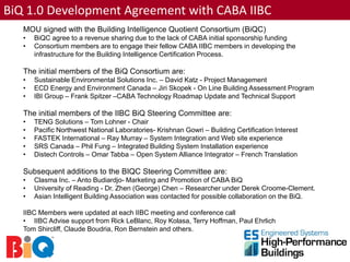 BiQ 1.0 Development Agreement with CABA IIBC
   MOU signed with the Building Intelligence Quotient Consortium (BiQC)
   •   BiQC agree to a revenue sharing due to the lack of CABA initial sponsorship funding
   •   Consortium members are to engage their fellow CABA IIBC members in developing the
       infrastructure for the Building Intelligence Certification Process.

   The initial members of the BiQ Consortium are:
   •   Sustainable Environmental Solutions Inc. – David Katz - Project Management
   •   ECD Energy and Environment Canada – Jiri Skopek - On Line Building Assessment Program
   •   IBI Group – Frank Spitzer –CABA Technology Roadmap Update and Technical Support

   The initial members of the IIBC BiQ Steering Committee are:
   •   TENG Solutions – Tom Lohner - Chair
   •   Pacific Northwest National Laboratories- Krishnan Gowri – Building Certification Interest
   •   FASTEK International – Ray Murray – System Integration and Web site experience
   •   SRS Canada – Phil Fung – Integrated Building System Installation experience
   •   Distech Controls – Omar Tabba – Open System Alliance Integrator – French Translation

   Subsequent additions to the BIQC Steering Committee are:
   •   Clasma Inc. – Anto Budiardjo- Marketing and Promotion of CABA BiQ
   •   University of Reading - Dr. Zhen (George) Chen – Researcher under Derek Croome-Clement.
   •   Asian Intelligent Building Association was contacted for possible collaboration on the BiQ.

   IIBC Members were updated at each IIBC meeting and conference call
   • IIBC Advise support from Rick LeBlanc, Roy Kolasa, Terry Hoffman, Paul Ehrlich
   Tom Shircliff, Claude Boudria, Ron Bernstein and others.
 