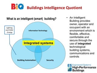 BIQ Buildings Intelligence Quotient

 What is an intelligent (smart) building?              • An Intelligent
                                                         Building provides
                                                         owner, operator and
 Lighting                                                occupant with an
and HVAC               Information Technology            environment which is
 -Energy
                                                         flexible, effective,
                                                         comfortable and
                                                         secure through the
                  Integrated systems                     use of integrated
                                                         technological
                                                         building systems,
                                                         communications and
                                                         controls
            Building Automation             Security
 