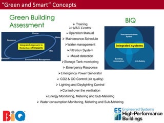 “Green and Smart” Concepts

  Green Building                                                        BIQ
  Assessment                        Training
                                 HVAC Control
                               Operation Manual
                             Maintenance Schedule
                              Water management
                                Filtration System
                                 Mould detection
                            Storage Tank monitoring
                              Emergency Response
                          Emergency Power Generator
                          CO2 & CO Control (air quality)
                         Lighting and Daylighting Control
                           Control over the ventilation
                 Energy Monitoring, Metering and Sub-Metering
             Water consumption Monitoring, Metering and Sub-Metering
 