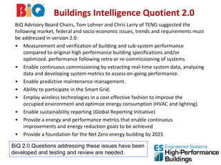 BIQ Buildings Intelligence Quotient 2.0
 BiQ Advisory Board Chairs, Tom Lohner and Chris Larry of TENG suggested the
 following market, federal and socio-economic issues, trends and requirements must
 be addressed in version 2.0:
 • Measurement and verification of building and sub-system performance
     compared to original high performance building specifications and/or
     optimized. performance following retro or re-commissioning of systems
 • Enable continuous commissioning by extracting real-time system data, analyzing
     data and developing system metrics to assess on-going performance.
 • Enable predictive maintenance management.
 • Ability to participate in the Smart Grid.
 • Employ wireless technologies in a cost effective fashion to improve the
     occupied environment and optimize energy consumption (HVAC and lighting).
 • Enable sustainability reporting (Global Reporting Initiative)
 • Provide a energy and performance metrics that enable continuous
     improvements and energy reduction goals to be achieved
 • Provide a foundation for the Net Zero energy building by 2025

BiQ 2.0 Questions addressing these issues have been
developed and testing and review are needed.
 