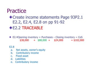 Practice
  Create income statements Page 93P2.1
  E2.2, E2.4, E2.8 on pp 91-92
  E2.2 TRACEABLE

  E2.4Opening inventory + Purchases – Closing inventory = CoS
       $38,000     + $88,000 +      $24,000         = $102,000

E2.8
 a.     Net assets, owner’s equity
 b.     Contributory income
 c.    Fixed asset
 d.    Liabilities
 e.    Contributory income
 