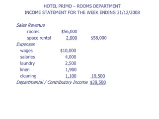 HOTEL PRIMO – ROOMS DEPARTMENT
   INCOME STATEMENT FOR THE WEEK ENDING 31/12/2008

Sales Revenue
     rooms           $56,000
     space rental      2,000      $58,000
Expenses
 wages              $10,000
 salaries             4,000
 laundry              2,500
 linen                1,900
 cleaning             1,100         19,500
Departmental / Contributory Income $38,500
 