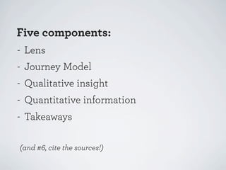 Five components:
- Lens
- Journey Model
- Qualitative insight
- Quantitative information
- Takeaways
(and #6, cite the sources!)

 