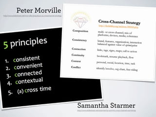 Peter Morville
http://www.slideshare.net/morville/ubiquitous-ia-crosschannel-strategy

Samantha Starmer

http://www.slideshare.net/sstarmer/ia-summit-cross-channel-workshop

 