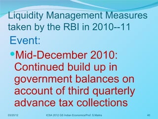 Liquidity Management Measures
taken by the RBI in 2010--11
 Event:
 Mid-December 2010:
  Continued build up in
  government balances on
  account of third quarterly
  advance tax collections
03/20/12   ICSA 2012 GS Indian Economics/Prof. S.Maitra   40
 