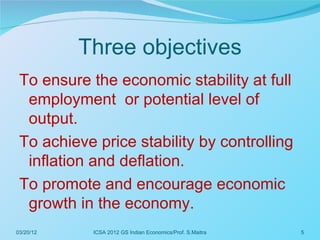 Three objectives
 To ensure the economic stability at full
  employment or potential level of
  output.
 To achieve price stability by controlling
  inflation and deflation.
 To promote and encourage economic
  growth in the economy.
03/20/12    ICSA 2012 GS Indian Economics/Prof. S.Maitra   5
 