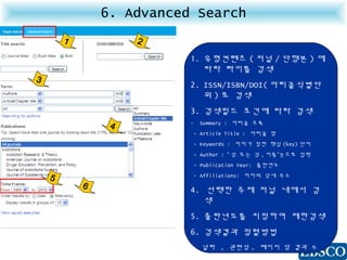 6. Advanced Search
1 2
1. 유형컨텐츠 ( 저널 / 단행본 ) 에
따라 타이틀 검색
2. ISSN/ISBN/DOI( 아티클식별단
위 ) 로 검색
3. 검색필드 조건에 따라 검색
- Summary : 아티클 초록
- Article Title : 아티클 명
- Keywords : 저자가 정한 핵심 (key) 단어
- Author : “ 성 또는 성 , 이름”순으로 입력
- Publication Year: 출판연도
- Affiliations: 저자의 상세 주소
4. 선택한 주제 저널 내에서 검
색
5. 출판년도를 지정하여 제한검색
6. 검색결과 정렬방법
- 날짜 , 관련성 , 페이지 당 결과 수
3
4
6
5
 