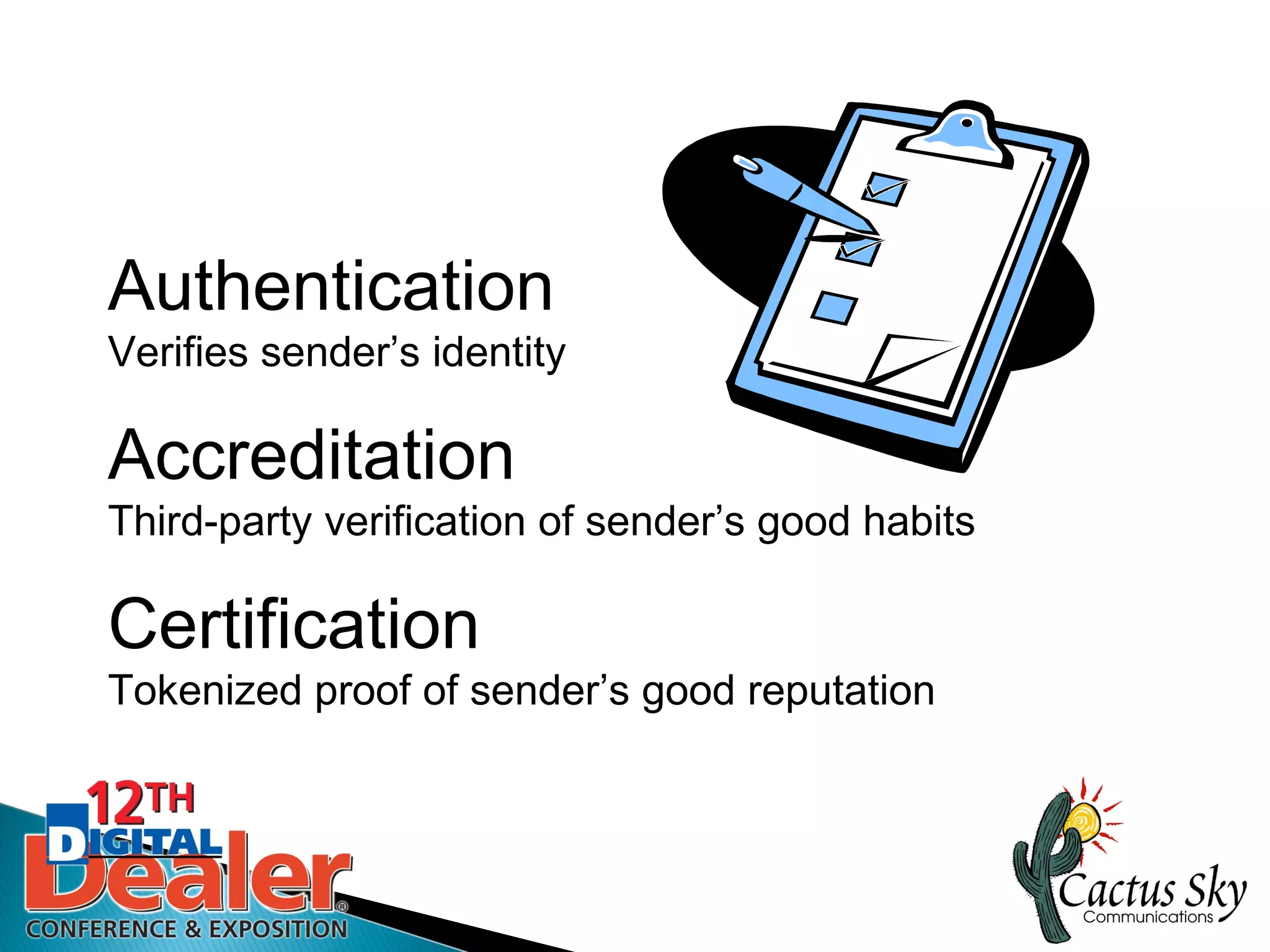 Authentication
Verifies sender’s identity

Accreditation
Third-party verification of sender’s good habits

Certification
Tokenized proof of sender’s good reputation
 