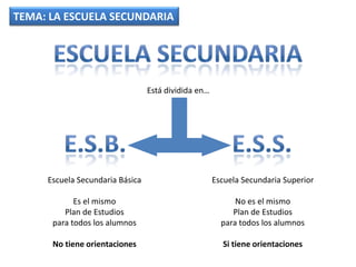 TEMA: LA ESCUELA SECUNDARIA




                                 Está dividida en…




     Escuela Secundaria Básica                       Escuela Secundaria Superior

            Es el mismo                                    No es el mismo
         Plan de Estudios                                 Plan de Estudios
      para todos los alumnos                           para todos los alumnos

      No tiene orientaciones                           Si tiene orientaciones
 