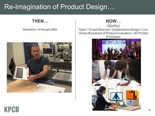 Re-Imagination of Product Design…
           THEN…                                    NOW…
                                                    (Quirky)
     Secretive / In-House R&D   Open / Crowd-Sourced / Collaborative Design / Live
                                Online Broadcast of Product Evaluation / 3D Printed
                                                    Prototypes




                                                                                      44
 