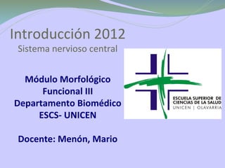 Introducción 2012
 Sistema nervioso central


  Módulo Morfológico
      Funcional III
Departamento Biomédico
     ESCS- UNICEN

 Docente: Menón, Mario
 