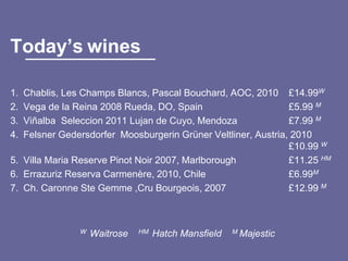 Today’s wines

1. Chablis, Les Champs Blancs, Pascal Bouchard, AOC, 2010 £14.99W
2. Vega de la Reina 2008 Rueda, DO, Spain                      £5.99 M
3. Viñalba Seleccion 2011 Lujan de Cuyo, Mendoza               £7.99 M
4. Felsner Gedersdorfer Moosburgerin Grüner Veltliner, Austria, 2010
                                                               £10.99 W
5. Villa Maria Reserve Pinot Noir 2007, Marlborough            £11.25 HM
6. Errazuriz Reserva Carmenère, 2010, Chile                    £6.99M
7. Ch. Caronne Ste Gemme ,Cru Bourgeois, 2007                  £12.99 M



               W   Waitrose   HM   Hatch Mansfield   M Majestic
 