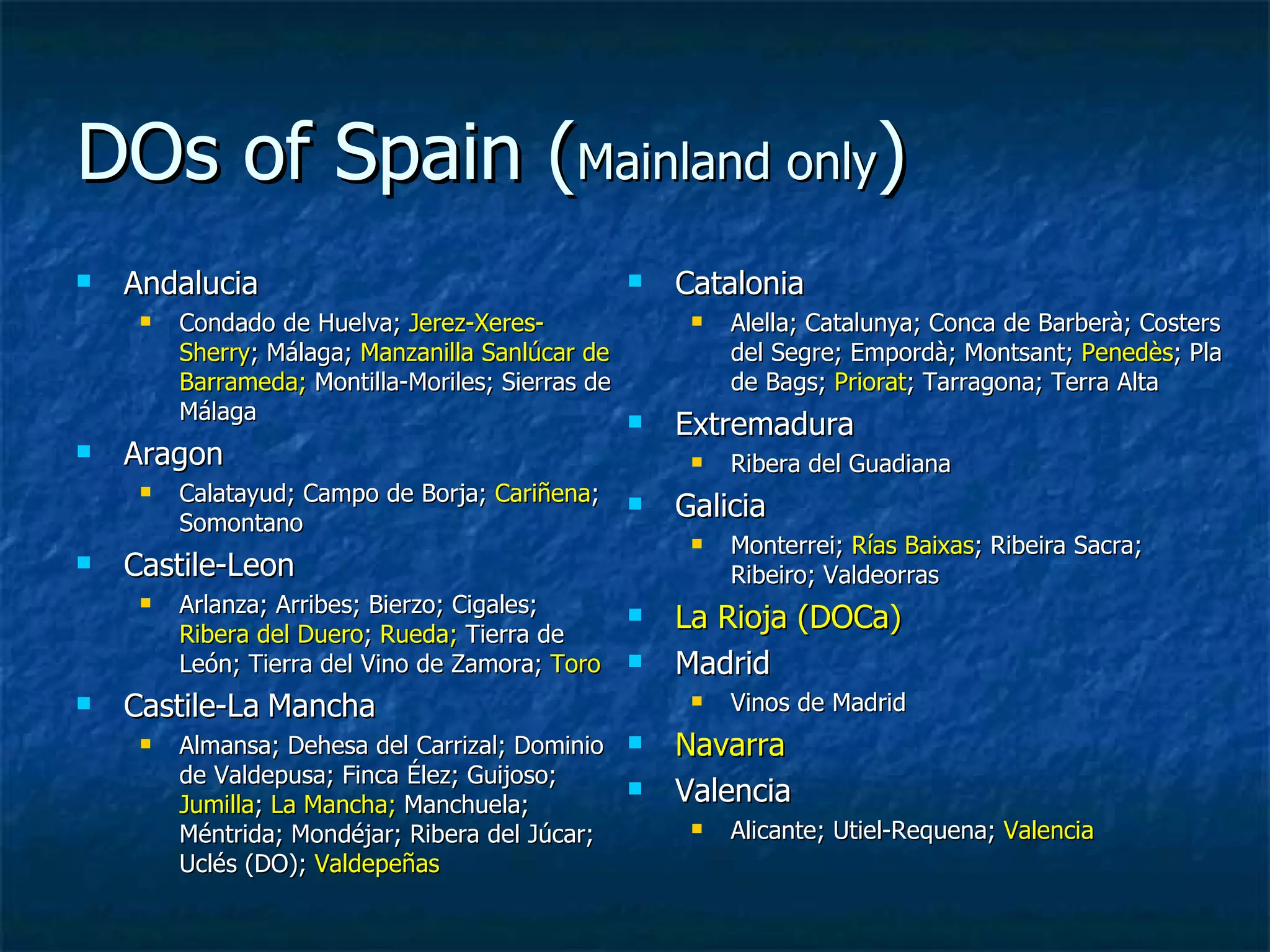 DOs of Spain (Mainland only)
   Andalucia                                       Catalonia
        Condado de Huelva; Jerez-Xeres-                 Alella; Catalunya; Conca de Barberà; Costers
         Sherry; Málaga; Manzanilla Sanlúcar de           del Segre; Empordà; Montsant; Penedès; Pla
         Barrameda; Montilla-Moriles; Sierras de          de Bags; Priorat; Tarragona; Terra Alta
         Málaga                                     Extremadura
   Aragon                                               Ribera del Guadiana
        Calatayud; Campo de Borja; Cariñena;
         Somontano
                                                    Galicia
                                                         Monterrei; Rías Baixas; Ribeira Sacra;
   Castile-Leon                                          Ribeiro; Valdeorras
        Arlanza; Arribes; Bierzo; Cigales;
         Ribera del Duero; Rueda; Tierra de
                                                    La Rioja (DOCa)
         León; Tierra del Vino de Zamora; Toro      Madrid
   Castile-La Mancha                                    Vinos de Madrid
        Almansa; Dehesa del Carrizal; Dominio      Navarra
         de Valdepusa; Finca Élez; Guijoso;
         Jumilla; La Mancha; Manchuela;
                                                    Valencia
         Méntrida; Mondéjar; Ribera del Júcar;           Alicante; Utiel-Requena; Valencia
         Uclés (DO); Valdepeñas
 