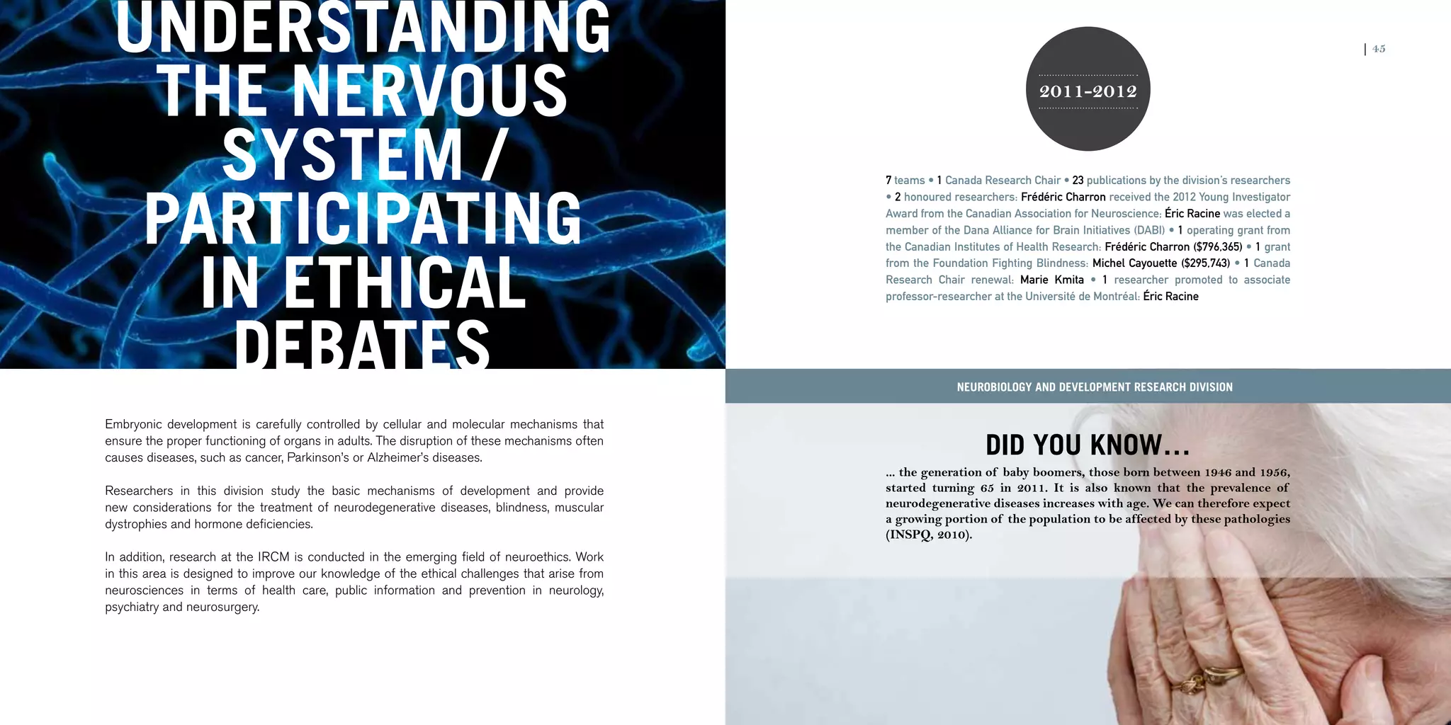 UNDERSTANDING
44 | 2011-2012 IRCM ANNUAL REPORT                                                                                                                                                         | 45



           THE NERVOUS                                                                                                              2011-2012


              SYSTEM /                                                                                7 teams • 1 Canada Research Chair • 23 publications by the division’s researchers




           PARTICIPATING
                                                                                                      • 2 honoured researchers: Frédéric Charron received the 2012 Young Investigator
                                                                                                      Award from the Canadian Association for Neuroscience; Éric Racine was elected a
                                                                                                      member of the Dana Alliance for Brain Initiatives (DABI) • 1 operating grant from




             IN ETHICAL
                                                                                                      the Canadian Institutes of Health Research: Frédéric Charron ($796,365) • 1 grant
                                                                                                      from the Foundation Fighting Blindness: Michel Cayouette ($295,743) • 1 Canada
                                                                                                      Research Chair renewal: Marie Kmita • 1 researcher promoted to associate
                                                                                                      professor-researcher at the Université de Montréal: Éric Racine




              DEBATES                                                                                               Neurobiology and Development research division


        Embryonic development is carefully controlled by cellular and molecular mechanisms that
        ensure the proper functioning of organs in adults. The disruption of these mechanisms often
        causes diseases, such as cancer, Parkinson’s or Alzheimer’s diseases.
                                                                                                                         DID YOU KNOW…
                                                                                                      ... the generation of baby boomers, those born between 1946 and 1956,
        Researchers in this division study the basic mechanisms of development and provide            started turning 65 in 2011. It is also known that the prevalence of
        new considerations for the treatment of neurodegenerative diseases, blindness, muscular       neurodegenerative diseases increases with age. We can therefore expect
        dystrophies and hormone deficiencies.                                                         a growing portion of the population to be affected by these pathologies
                                                                                                      (INSPQ, 2010).
        In addition, research at the IRCM is conducted in the emerging field of neuroethics. Work
        in this area is designed to improve our knowledge of the ethical challenges that arise from
        neurosciences in terms of health care, public information and prevention in neurology,
        psychiatry and neurosurgery.
 
