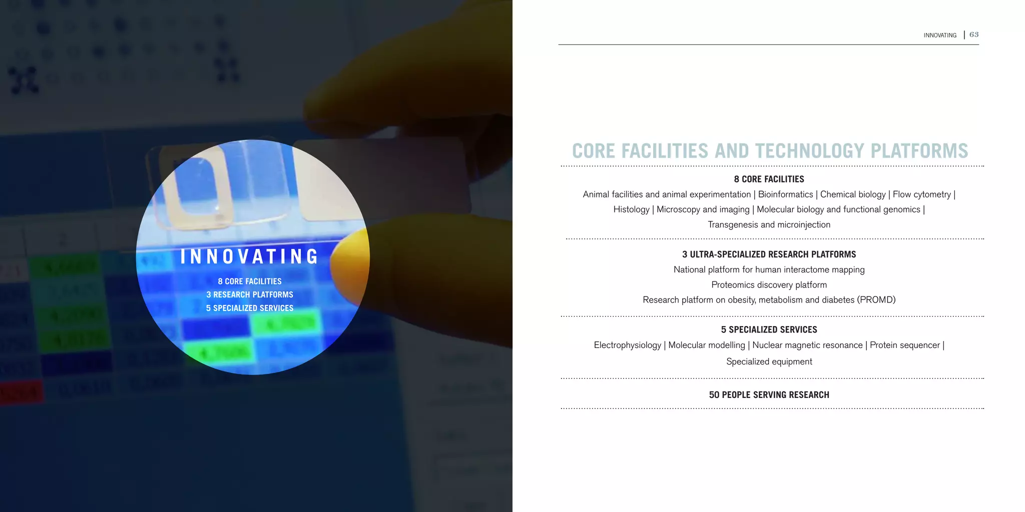 62 | 2011-2012 IRCM ANNUAL REPORT                                                                                                                          INNOVATING   | 63




                                                                Core facilities and technology platforms
                                                                                                         8 core facilities
                                                                 Animal facilities and animal experimentation | Bioinformatics | Chemical biology | Flow cytometry |
                                                                         Histology | Microscopy and imaging | Molecular biology and functional genomics |
                                                                                                  Transgenesis and microinjection


                                    I N N O VAT I N G                                      3 ultra-specialized research platforms
                                                                                         National platform for human interactome mapping
                                         8 core facilities                                         Proteomics discovery platform
                                       3 research platforms
                                                                                Research platform on obesity, metabolism and diabetes (PROMD)
                                       5 specialized services

                                                                                                     5 specialized services
                                                                   Electrophysiology | Molecular modelling | Nuclear magnetic resonance | Protein sequencer |
                                                                                                       Specialized equipment


                                                                                                  50 people serving research
 