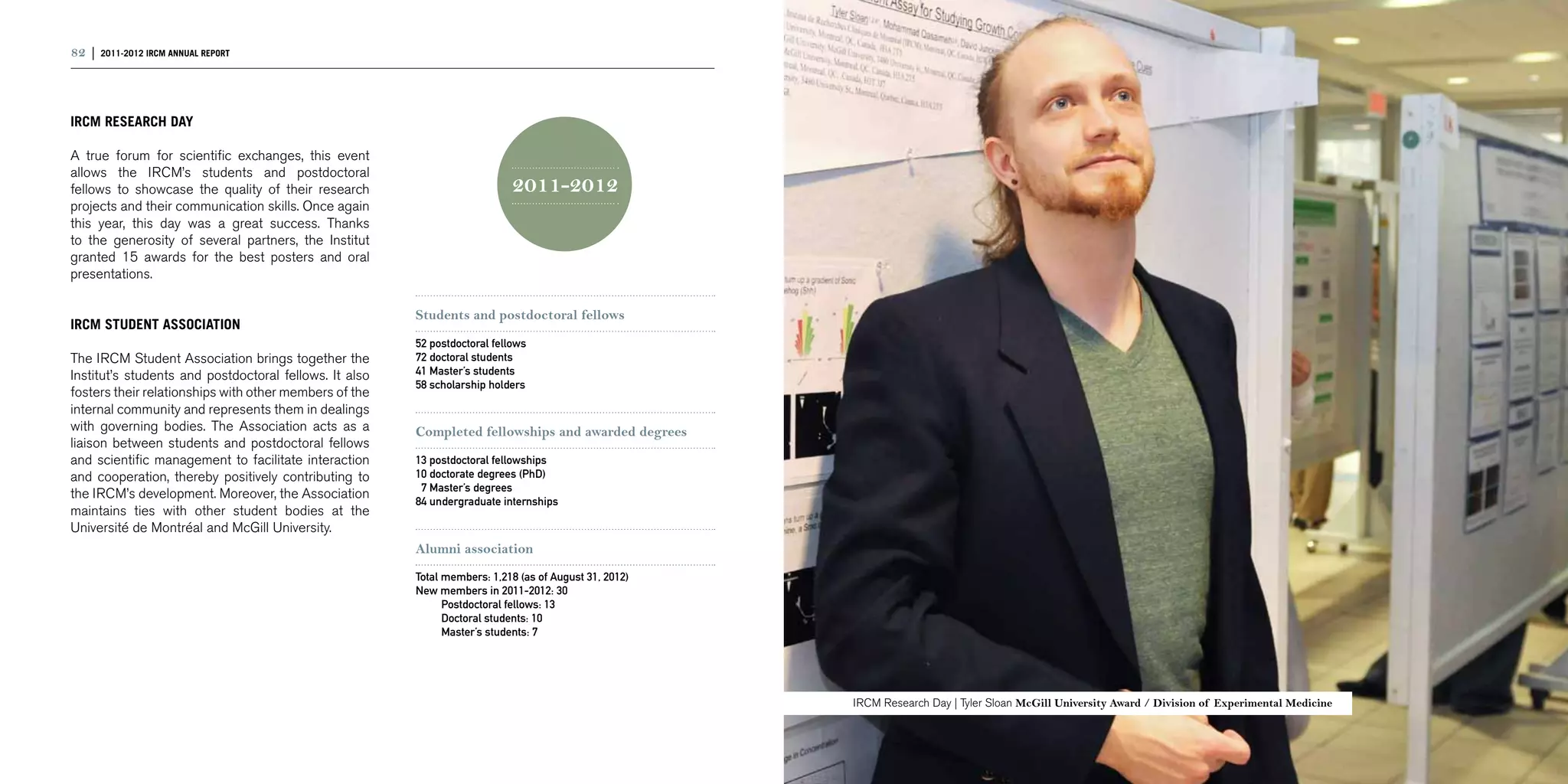 82 | 2011-2012 IRCM ANNUAL REPORT                                                                                                                                                                    | 83



IRCM Research Day

A true forum for scientific exchanges, this event
allows the IRCM’s students and postdoctoral
fellows to showcase the quality of their research                           2011-2012
projects and their communication skills. Once again
this year, this day was a great success. Thanks
to the generosity of several partners, the Institut
granted 15 awards for the best posters and oral
presentations.

                                                        Students and postdoctoral fellows
IRCM Student Association
                                                        52 postdoctoral fellows
The IRCM Student Association brings together the        72 doctoral students
Institut’s students and postdoctoral fellows. It also   41 Master’s students
                                                        58 scholarship holders
fosters their relationships with other members of the
internal community and represents them in dealings
with governing bodies. The Association acts as a        Completed fellowships and awarded degrees
liaison between students and postdoctoral fellows
and scientific management to facilitate interaction     13 postdoctoral fellowships
and cooperation, thereby positively contributing to     10 doctorate degrees (PhD)
                                                        07 Master’s degrees
the IRCM’s development. Moreover, the Association
                                                        84 undergraduate internships
maintains ties with other student bodies at the
Université de Montréal and McGill University.
                                                        Alumni association
                                                        Total members: 1,218 (as of August 31, 2012)
                                                        New members in 2011-2012: 30
                                                        	     Postdoctoral fellows: 13
                                                        	     Doctoral students: 10
                                                        	     Master’s students: 7




                                                                                                       IRCM Research Day | Tyler Sloan McGill University Award / Division of Experimental Medicine
 