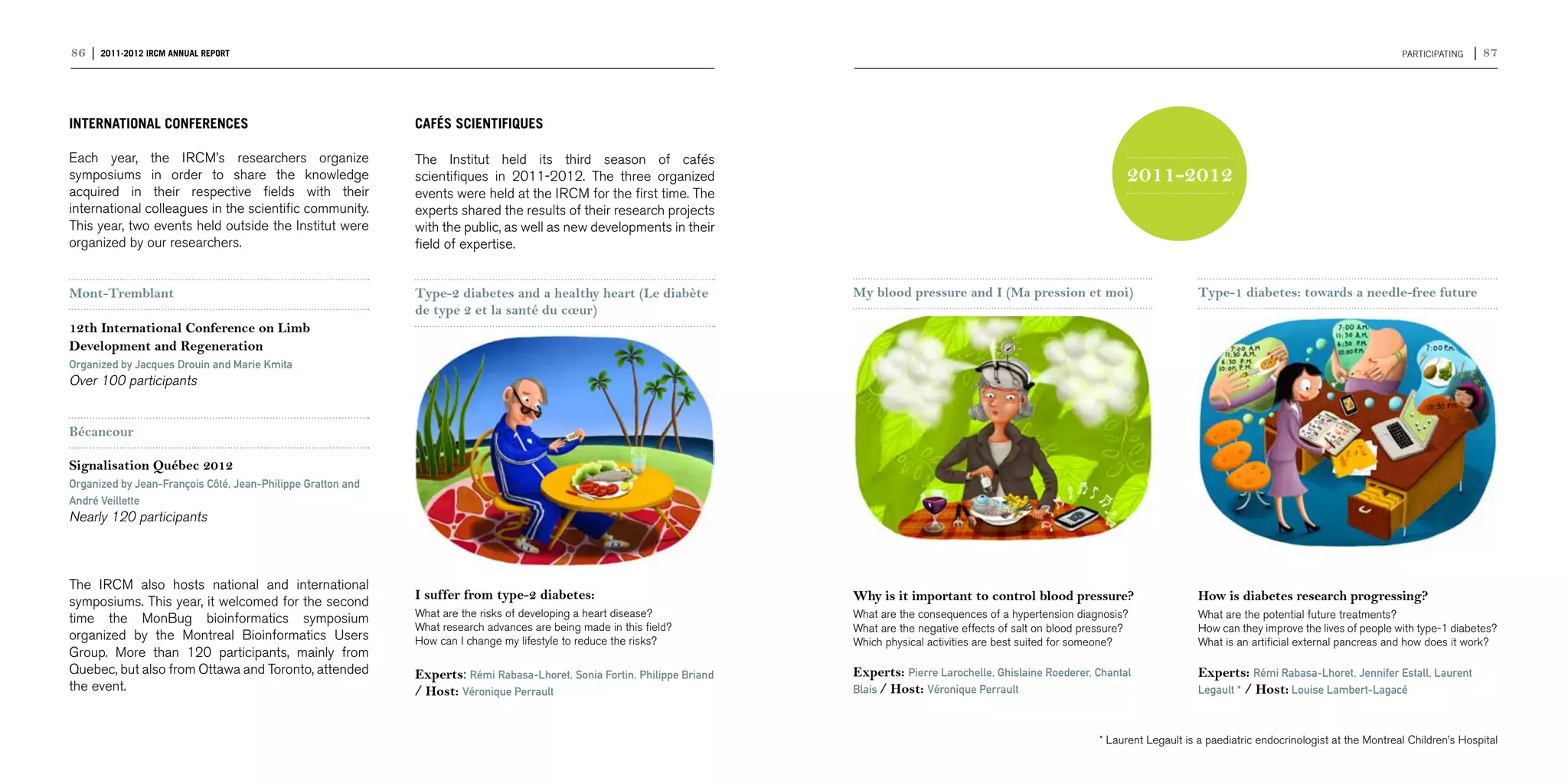 86 | 2011-2012 IRCM ANNUAL REPORT                                                                                                                                                                                                           PARTICIPATING   | 87




INTERNATIONAL CONFERENCES                                    CAFÉS SCIENTIFIQUES

Each year, the IRCM’s researchers organize                   The Institut held its third season of cafés
symposiums in order to share the knowledge                   scientifiques in 2011-2012. The three organized                                                                     2011-2012
acquired in their respective fields with their               events were held at the IRCM for the first time. The
international colleagues in the scientific community.        experts shared the results of their research projects
This year, two events held outside the Institut were         with the public, as well as new developments in their
organized by our researchers.                                field of expertise.


Mont-Tremblant                                               Type-2 diabetes and a healthy heart (Le diabète              My blood pressure and I (Ma pression et moi)                           Type-1 diabetes: towards a needle-free future
                                                             de type 2 et la santé du cœur)
12th International Conference on Limb
Development and Regeneration
Organized by Jacques Drouin and Marie Kmita
Over 100 participants


Bécancour

Signalisation Québec 2012
Organized by Jean-François Côté, Jean-Philippe Gratton and
André Veillette
Nearly 120 participants



The IRCM also hosts national and international
symposiums. This year, it welcomed for the second            I suffer from type-2 diabetes:                               Why is it important to control blood pressure?                         How is diabetes research progressing?
                                                             What are the risks of developing a heart disease?            What are the consequences of a hypertension diagnosis?                 What are the potential future treatments?
time the MonBug bioinformatics symposium
                                                             What research advances are being made in this field?         What are the negative effects of salt on blood pressure?               How can they improve the lives of people with type-1 diabetes?
organized by the Montreal Bioinformatics Users               How can I change my lifestyle to reduce the risks?           Which physical activities are best suited for someone?                 What is an artificial external pancreas and how does it work?
Group. More than 120 participants, mainly from
Quebec, but also from Ottawa and Toronto, attended           Experts: Rémi Rabasa-Lhoret, Sonia Fortin, Philippe Briand   Experts: Pierre Larochelle, Ghislaine Roederer, Chantal                Experts: Rémi Rabasa-Lhoret, Jennifer Estall, Laurent
the event.                                                   / Host: Véronique Perrault                                   Blais / Host: Véronique Perrault                                              / Host: Louise Lambert-Lagacé
                                                                                                                                                                                                 Legault *

                                                                                                                                                                                                  
                                                                                                                                                                            * Laurent Legault is a paediatric endocrinologist at the Montreal Children’s Hospital
 