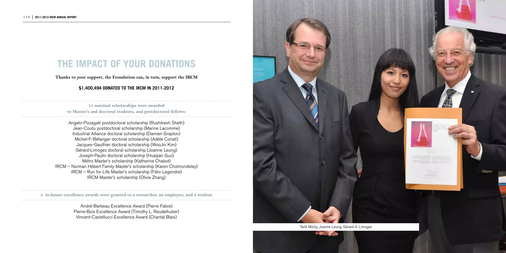118 | 2011-2012 IRCM ANNUAL REPORT                                                                                                                | 119




                     THE IMPACT OF YOUR DONATIONS
                    Thanks to your support, the Foundation can, in turn, support the IRCM

                                     $1,400,494 donated to the IRCM in 2011-2012


                                      11 nominal scholarships were awarded
                           to Master’s and doctoral students, and postdoctoral fellows:

                         Angelo-Pizzagalli postdoctoral scholarship (Rushikesh Sheth)
                            Jean-Coutu postdoctoral scholarship (Marine Lacomme)
                            Industrial Alliance doctoral scholarship (Damien Grapton)
                             Michel-F.-Bélanger doctoral scholarship (Adèle Coriati)
                              Jacques-Gauthier doctoral scholarship (WooJin Kim)
                              Gérard-Limoges doctoral scholarship (Joanne Leung)
                               Joseph-Paulin doctoral scholarship (Huaijian Guo)
                                 Métro Master’s scholarship (Katherine Chabot)
                    IRCM – Norman Hébert Family Master’s scholarship (Karen Cholmondeley)
                           IRCM – Run for Life Master’s scholarship (Félix Legendre)
                                    IRCM Master’s scholarship (Olivia Zhang)


           3 in-house excellence awards were granted to a researcher, an employee, and a student

                                   André-Barbeau Excellence Award (Pierre Fabre)
                                Pierre-Bois Excellence Award (Timothy L. Reudelhuber)
                                 Vincent-Castellucci Excellence Award (Chantal Blais)

                                                                                                   Tarik Möröy, Joanne Leung, Gérard A. Limoges
 