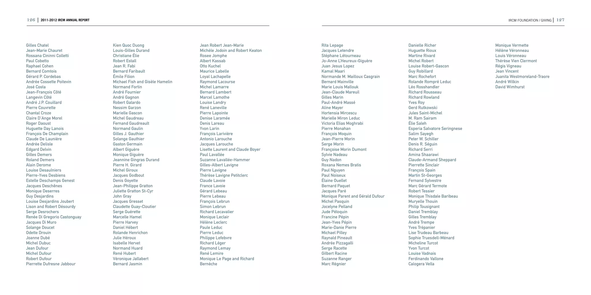 126 | 2011-2012 IRCM ANNUAL REPORT                                                                                                                                                IRCM FOUNDATION / GIVING |   127



Gilles Chatel                        Kien Quoc Duong                   Jean Robert Jean-Marie             Rita Lepage                        Danielle Richer                Monique Vermette
Jean-Marie Chauret                   Louis-Gilles Durand               Michèle Jodoin and Robert Keaton   Jacques Letendre                   Huguette Rioux                 Hélène Véronneau
Rossana Cininni Colletti             Christiane Élie                   Rosee Jomphe                       Stéphane Létourneau                Martine Rivard                 Louis Véronneau
Paul Cobetto                         Robert Estall                     Albert Kassab                      Jo-Anne L’Heureux-Giguère          Michel Robert                  Thérèse Vien Clermont
Raphael Cohen                        Jean R. Fabi                      Otto Kuchel                        Juan Jesus Lopez                   Louise Robert-Gascon           Régis Vigneau
Bernard Comtois                      Bernard Faribault                 Maurice Labelle                    Kamal Maari                        Guy Robillard                  Jean Vincent
Gérard P. Cordebas                   Émile Filion                      Loyal Lachapelle                   Normande M. Mailloux Casgrain      Marc Rochefort                 Juanita Westmoreland-Traore
Andrée Cossette Poitevin             Michael Fish and Gisèle Hamelin   Raymond Lacourse                   Bernard Mainville                  Rolande Rompré Leduc           André Wilkin
José Costa                           Normand Fortin                    Michel Lamarre                     Marie Louis Mallouk                Léo Rosshandler                David Wimhurst
Jean-François Côté                   André Fournier                    Bernard Lambert                    Jean-Claude Mareuil                Richard Rousseau
Langevin Côté                        André Gagnon                      Marcel Lamothe                     Gilles Marin                       Richard Rowland
André J.P. Couillard                 Robert Galardo                    Louise Landry                      Paul-André Massé                   Yves Roy
Pierre Couvrette                     Nessim Garzon                     René Laneville                     Aline Mayer                        Gerd Rutkowski
Chantal Croze                        Marielle Gascon                   Pierre Lapointe                    Hortensia Mircescu                 Jules Saint-Michel
Claire D’Ange Morel                  Michel Gaudreau                   Denise Laramée                     Marielle Miron Leduc               M. Ram Sairam
Roger Daoust                         Fernand Gaudreault                Denis Lareau                       Victoria Elias Moghrabi            Élie Saleh
Huguette Day Lanois                  Normand Gaulin                    Yvon Larin                         Pierre Monahan                     Esperia Salvatore Seringnese
François De Champlain                Gilles J. Gauthier                François Larivière                 François Moquin                    Salim Sayegh
Claude De Launière                   Solange Gauthier                  Antonio Larouche                   Jean-Pierre Morin                  Peter W. Schiller
Andrée Delisle                       Gaston Germain                    Jacques Larouche                   Serge Morin                        Denis R. Séguin
Edgard Delvin                        Albert Giguère                    Lisette Laurent and Claude Boyer   Françoise Morin Dumont             Richard Serri
Gilles Demers                        Monique Giguère                   Paul Lavallée                      Sylvie Nadeau                      Amina Shaarawi
Roland Demers                        Jeannine Gingras Durand           Suzanne Lavallée-Hammer            Guy Nadon                          Claude-Armand Sheppard
Alain Derome                         Pierre H. Girard                  Gilles-Albert Lavigne              Roxana Nemes Bratis                Pierrette Sinclair
Louise Desaulniers                   Michel Giroux                     Pierre Lavigne                     Paul Nguyen                        François Spain
Pierre-Yves Desbiens                 Jacques Godbout                   Thérèse Lavigne Petitclerc         Paul Noiseux                       Martin St-Georges
Estelle Deschamps Genest             Denis Goyette                     Claude Lavoie                      Élaine Ouellet                     Fernand Sylvestre
Jacques Deschênes                    Jean-Philippe Gratton             France Lavoie                      Bernard Paquet                     Marc Gérard Termote
Monique Deserres                     Juliette Gratton St-Cyr           Gérard Lebeau                      Jacques Paré                       Robert Tessier
Guy Desjardins                       John Gray                         Pierre Lebeau                      Monique Parent and Gérald Dufour   Monique Thisdale Baribeau
Louise Desjardins Joubert            Jacques Gresset                   François Lebrun                    Michel Pasquin                     Muryelle Thouin
Lison and Robert Désourdy            Claudette Guay-Cloutier           Simon Lebrun                       Jocelyne Pelland                   Philip Tousignant
Serge Desrochers                     Serge Guérette                    Richard Lecavalier                 Jude Péloquin                      Daniel Tremblay
Renée Di Gregorio Castonguay         Marcelle Hamel                    Monique Leclair                    Francine Pépin                     Gilles Tremblay
Jacques Di Muro                      Pierre Harvey                     Hélène Leclerc                     Jean-Yves Pépin                    André Trempe
Solange Doucet                       Daniel Hébert                     Paule Leduc                        Marie-Danie Pierre                 Yves Trépanier
Odette Drouin                        Rolande Henrichon                 Pierre Leduc                       Michael Pilley                     Lise Trudeau Barbeau
Joanne Dubé                          Julie Héroux                      Philippe Lefebvre                  Raynald Pineault                   Sophie Truesdell-Ménard
Michel Dubuc                         Isabelle Hervet                   Richard Léger                      Andrée Pizzagalli                  Micheline Turcot
Jean Dufour                          Normand Huard                     Raymond Lemay                      Serge Racette                      Yvon Turcot
Michel Dufour                        René Hubert                       René Lemire                        Gilbert Racine                     Louise Vadnais
Robert Dufour                        Véronique Jallabert               Monique Le Page and Richard        Suzanne Ranger                     Ferdinando Vallone
Pierrette Dufresne Jabbour           Bernard Jasmin                    Bernèche                           Marc Régnier                       Calogera Vella
 