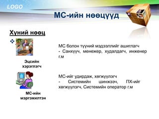 LOGO

МС-ийн нөөцүүд
Хүний нөөц


МС болон түүний мэдээллийг ашиглагч
- Санхүүч, менежер, худалдагч, инженер
г.м

Эцсийн
хэрэглэгч

МС-ийг удирдаж, хөгжүүлэгч
Системийн
шинжээч,
ПХ-ийг
хөгжүүлэгч, Системийн оператор г.м
МС-ийн
мэргэжилтэн

 