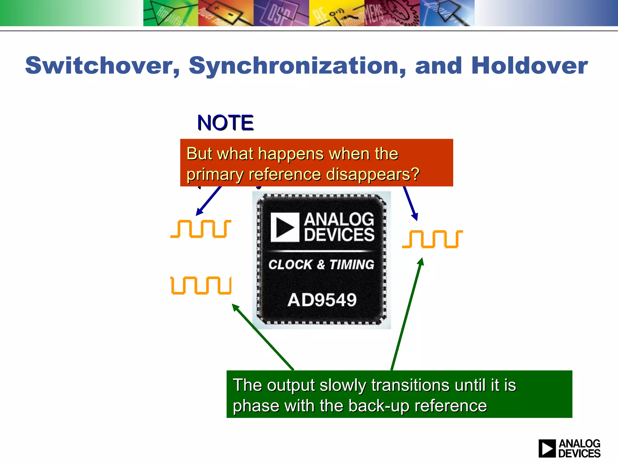 Switchover, Synchronization, and Holdover

            NOTE
           But what happens when the to
            output is synchronized
           primary reference disappears?
            primary reference




                The output slowly transitions until it is
                phase with the back-up reference
 