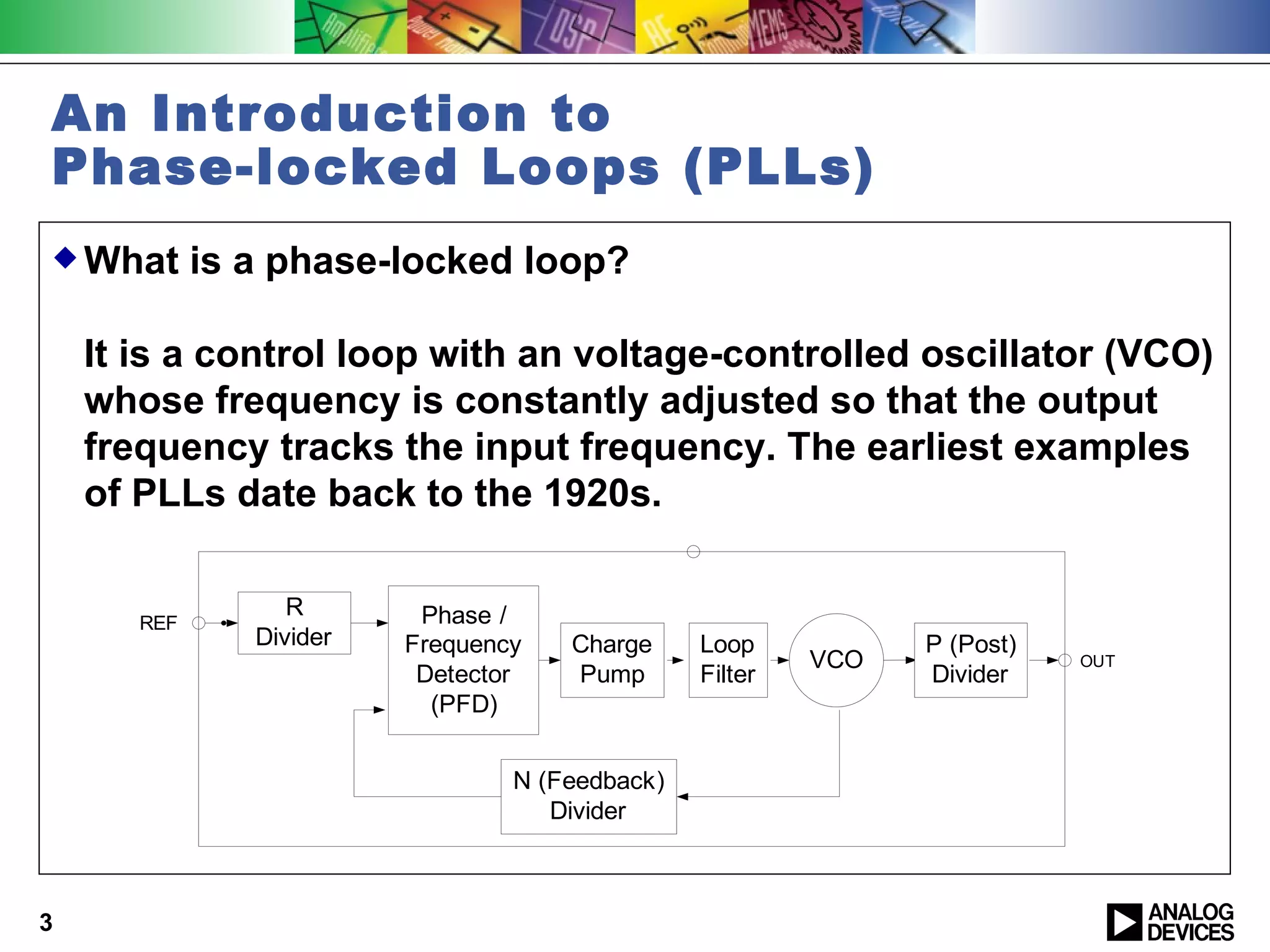 An Introduction to
Phase-locked Loops (PLLs)
 What       is a phase-locked loop?

    It is a control loop with an voltage-controlled oscillator (VCO)
    whose frequency is constantly adjusted so that the output
    frequency tracks the input frequency. The earliest examples
    of PLLs date back to the 1920s.

                   R       Phase /
       REF
                Divider   Frequency   Charge     Loop           P (Post)
                                                          VCO              OUT
                           Detector   Pump       Filter         Divider
                            (PFD)


                                  N (Feedback)
                                     Divider



3
 