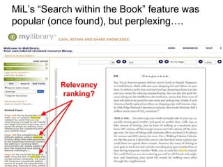 MiL’s “Search within the Book” feature was 
popular (once found), but perplexing…. 
Relevancy 
ranking? 
 